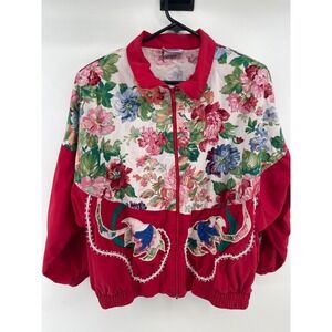 Southern Stitches Vintage Floral Zip Up Jacket Red Women XL Cottagecore USA Made